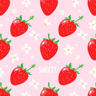 Pembe arka planda şirin çileklerin ve beyaz çiçeklerin kusursuz deseni, tekstil, gıda ambalajı, ambalaj kağıdı veya çocuksu dekor için idealdir..