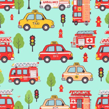 Taksi, itfaiye kamyonu ve ambulanslar gibi çocuk kumaşları ya da ambalaj kağıdı tasarımı için mükemmel araçlar içeren sevimli çizgi film desenleri..