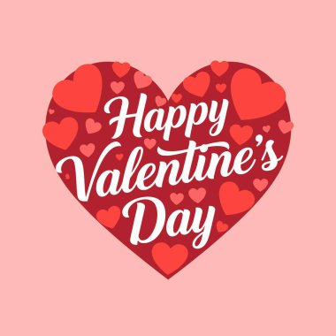 Küçük kalplerle donatılmış, yumuşak pembe bir arka planda büyük bir kırmızı kalp tasarımı üzerine Mutlu Sevgililer Günü metin yazıları. Tebrik ve terfi için mükemmel..