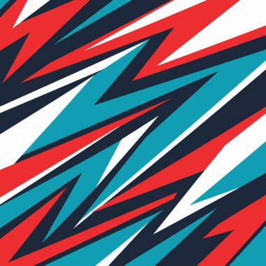 Canlı, dinamik, kusursuz soyut geometrik desen kırmızı, deniz mavisi, beyaz, modern spor ve yarış tasarımları için mükemmel zigzag çizgileri içeriyor..