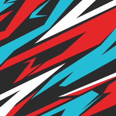 Kırmızı, siyanür, siyah ve beyaz renkte keskin geometrik şekiller içeren dinamik soyut yarış kalıpları, plastikler, çıkartmalar ve tekstil tasarımları için mükemmeldir..