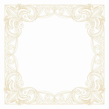 Karmaşık barok parşömenleri olan altın antika kare çerçeve, davetiyeler, sertifikalar, düğün tasarımları ve lüks markalar için mükemmel..