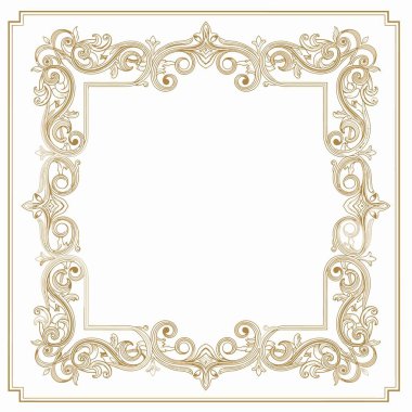 Şatafatlı altın rengi barok tarzı kare çerçeve çerçeve elementi beyaz arka planda izole edilmiş, zarif davetiyeler, sertifikalar, diplomalar veya duyurular için ideal.