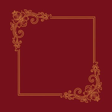 Koyu kırmızı desenli bir arka plan üzerine lüks altın çiçekli sınır tasarımı, düğün davetiyeleri, sertifikalar veya zarif duyurular için mükemmel..