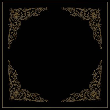Düğün davetiyeleri, sertifikalar, dokümanlar veya zarif ambalaj tasarımı için ideal siyah arkaplan üzerine kurulmuş lüks altın çiçekli çerçeve unsurları.