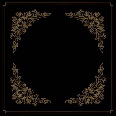 Altın süslü barok çiçek köşeli elementler lüks siyah bir arkaplan çerçevesi, zarif davetiyeler, sertifikalar veya üst düzey markalar için mükemmel teminat.