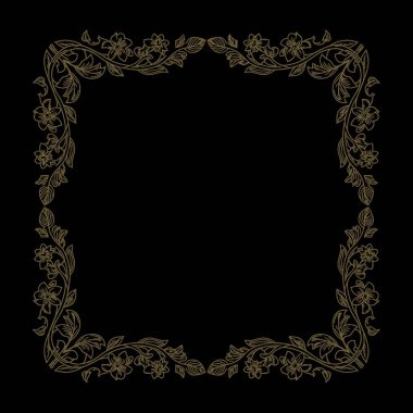 Elegant gold flower line art forming a luxurious square frame border isolated on a solid black background for invitations and branding.