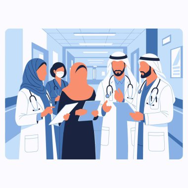 Çeşitli Arap doktor ve hemşirelerden oluşan bir ekip modern bir hastane koridorunda tıbbi kayıtları inceleyerek profesyonel sağlık hizmetleri tartışmalarını resmetmek için mükemmeller..