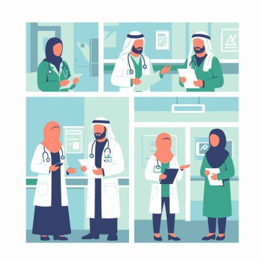Farklı Arap Müslüman doktorlar ve tıbbi personelin modern bir hastane ortamında hasta çizelgelerini tartışmalarını gösteren düz vektör çizimi.