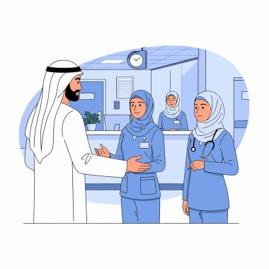 Geleneksel giyinen Arap erkek, hastane veya klinik resepsiyon alanında tesettürlü kadın Müslüman hemşirelerden yardım istiyor.