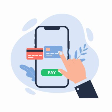 Akıllı telefon uygulaması arayüzü içindeki bir kredi kartı kullanılarak güvenli bir dijital ödeme işleminin ele alınması, güvenli ekom işlemlerin vurgulanması.