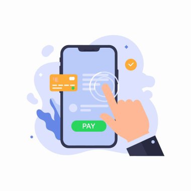 Akıllı telefon uygulama arayüzündeki bir kredi kartı kullanarak güvenli bir cep telefonu ödeme işlemini tamamlayan bir elin düz vektör çizimi, beyaz üzerinde izole edilmiş.