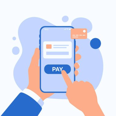 Akıllı telefon tutan eller, mobil bankacılık uygulaması üzerinden kredi kartı kullanarak güvenli bir çevrimiçi işlem için 