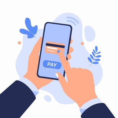 Sanal kredi kartıyla güvenli bir dijital ödeme yapmak için akıllı telefon uygulaması kullanan ellerin modern düz vektör çizimi.