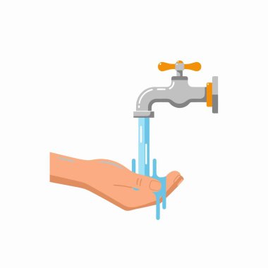 Metal bir musluktan akan suyun altında durulanan insan elinin vektör çizimi, hijyen, temizlik ve su koruma kavramlarını vurguluyor..