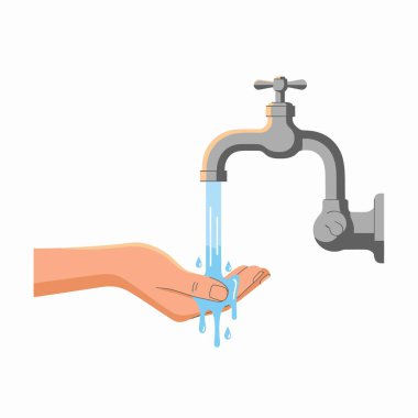 Krom musluktan akan, hijyen ve korunmayı sembolize eden, temiz, taze suyu yakalayan bir insan elinin vektör çizimi.