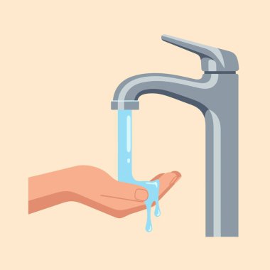 Düz vektör illüstrasyonu modern bir musluktan temiz su yakalayan bir elin hijyen, sağlık ve su koruma bilincini arttırmak için mükemmel olduğunu gösteriyor..