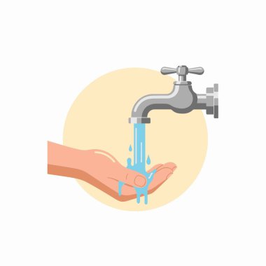 Çalışan gümüş bir musluğun altında el yıkamanın vektör çizimi, hijyen, su korunumu ve temel sağlık uygulamalarının vurgulanması.