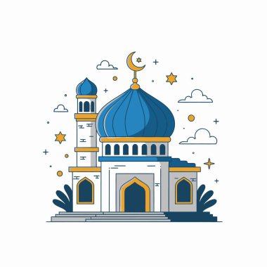 Beyaz arka planda, Ramazan, bayram ve kültürel tasarımlar için uygun, mavi kubbeli ve hilal şeklinde düz bir İslami cami çizgisi çizimi.