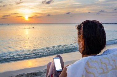 Kadın Internet bir plajda tarama