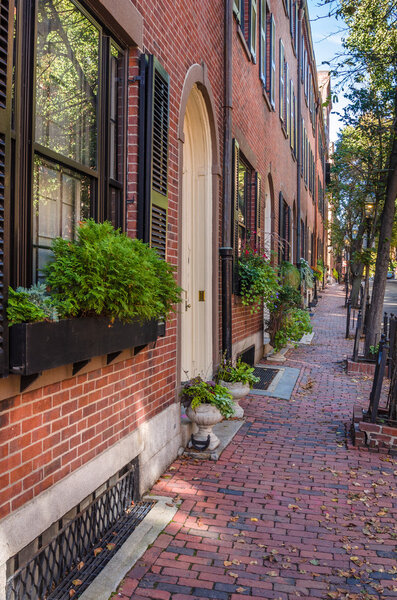 Empty brick sidewalk lined with renovated row houses and trees in Historic Beacon Hill, Boston, USA