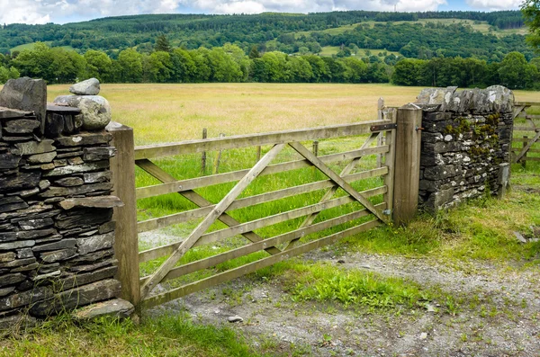 Puerta de madera a un campo — Foto de Stock