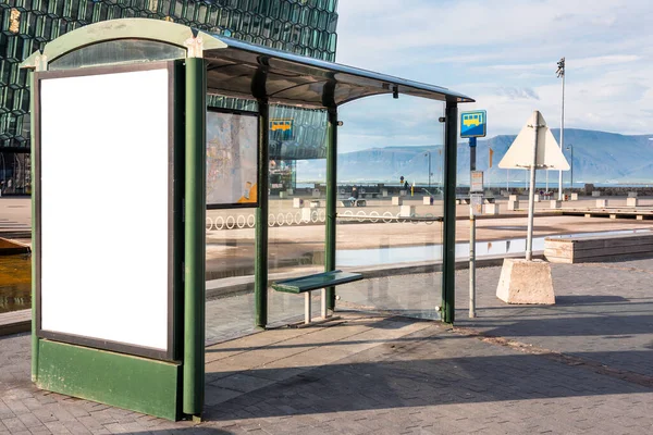 Deserted Bus Stop Glass Shelter Blank Billboard Copy Space Reykjavik — Stock Photo, Image