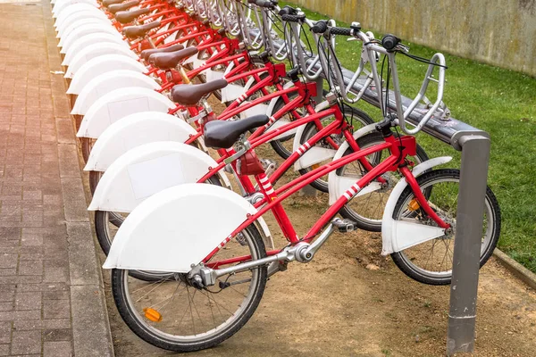 Row of colourful bikes for sharing in a bicycle sharing system docking station in a public park on a winter day. Antwerp, Belgium.