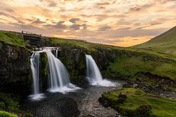 Bridge Beautiful Waterfall Lit Midnignt Sun Iceland Summer Snfellsnes Peninsula — Stock Photo, Image