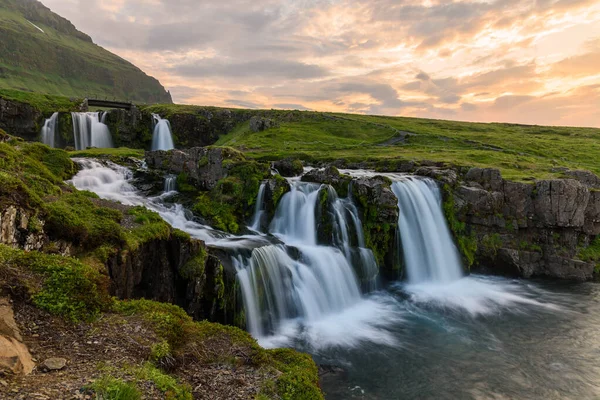 Bautiful Kirkjufellsfoss Waterfall Northern Iceland Lit Midnight Sun Summer — Stock Photo, Image