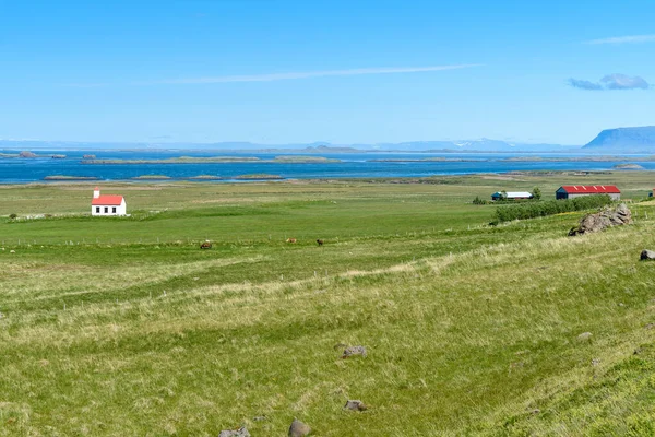 Remote farm along the northern coast of Iceland on a clear summer day. Idyllic scenery.