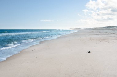 Sonbaharda mavi gökyüzünün altında kumullar tarafından desteklenen geniş kumlu sahil. Sahilde gezinen insanlar uzaktan görülebilirler. Cape Cod, MA, ABD.