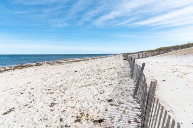 Güneşli bir sonbahar gününde terk edilmiş kumlu sahil ve mavi okyanus. Cape Cod, MA, ABD,