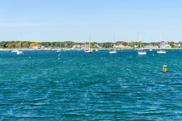 Voiliers Ancrés Dans Les Eaux Bleues Large Une Côte Bordée — Photo