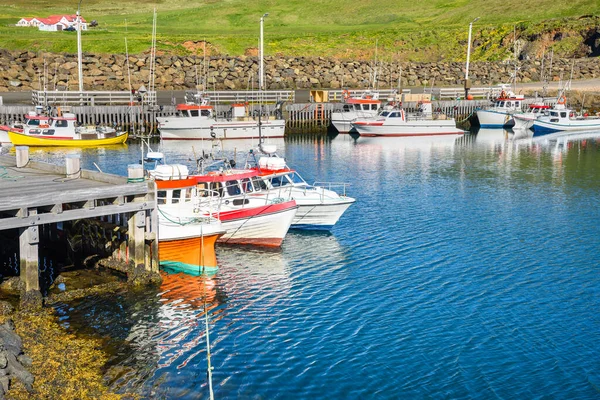 Fiskebåtar Bundna Till Kajer Hamn Solig Sommardag Gård Syns Bakgrunden — Stockfoto