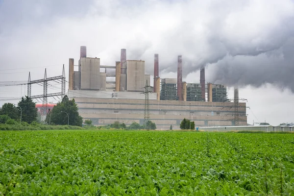 Vista Una Central Eléctrica Carbón Campo Alemania Bajo Aguacero Torrencial — Foto de Stock