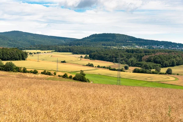 Paisaje Rural Ondulado Con Colinas Boscosas Fondo Día Verano Parcialmente — Foto de Stock