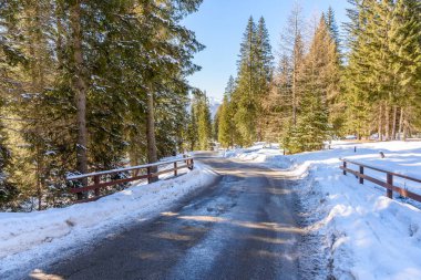 Empty icy winding forest road in the mountains on a sunny winter day