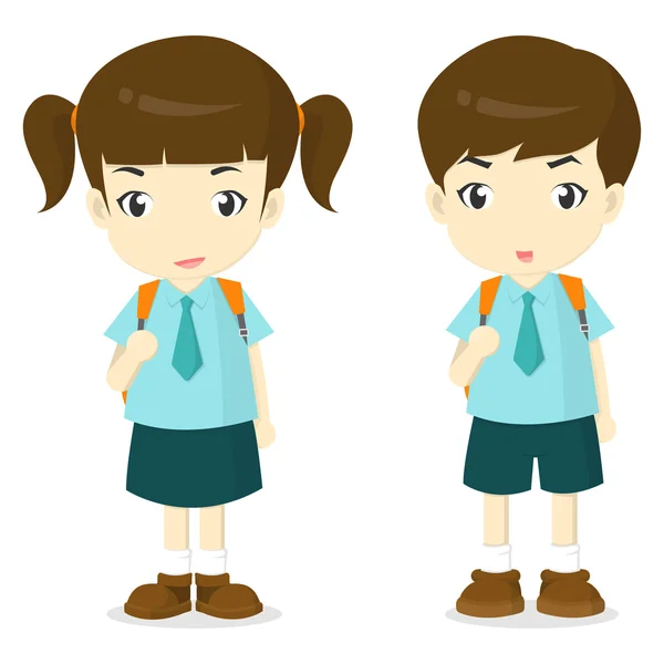 Menino e menina em uniforme escolar desenhos animados —  Vetores de Stock