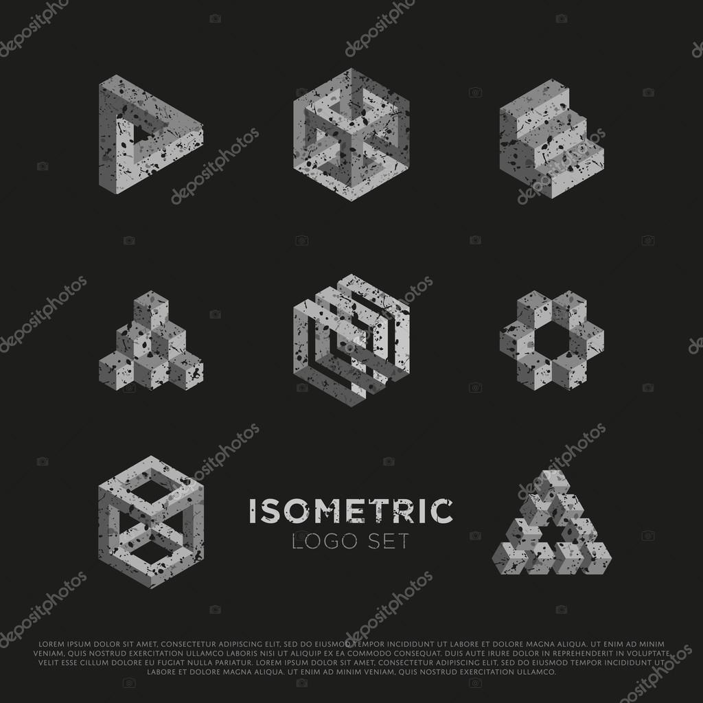 Vector 3d Logo Set with Grunge Texture. Isometric Signs. Illusion Symbols