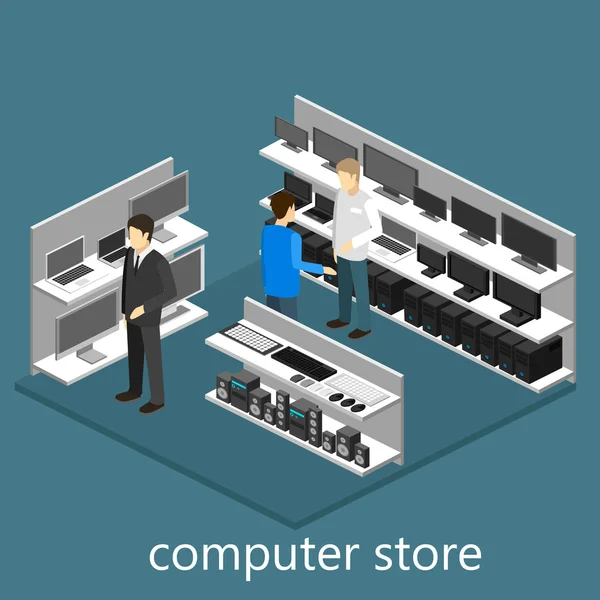 Interior isométrico de la tienda de computadoras — Vector de stock