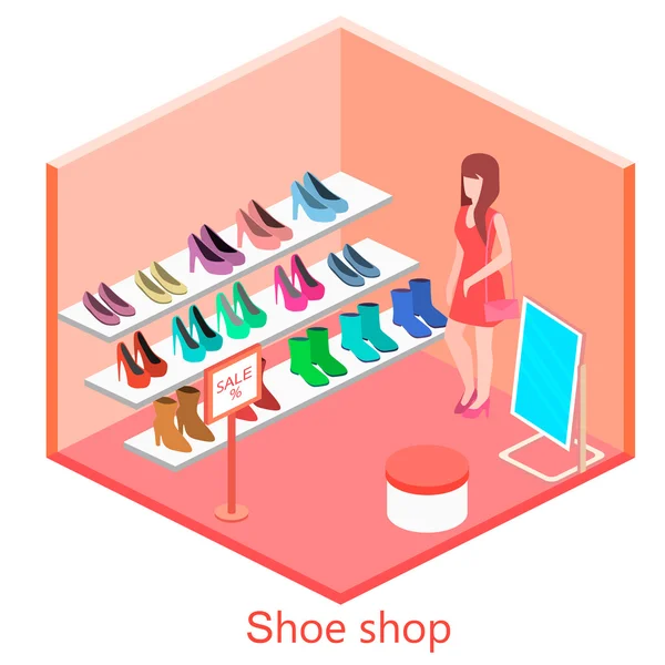 Isometrische interieur schoenen winkel — Stockvector