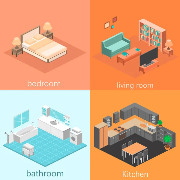 Conjunto de habitaciones interiores isométricas — Vector de stock