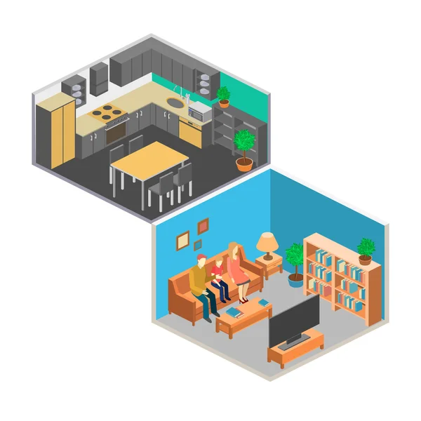 Isometric interior of rooms in house — Stock Vector