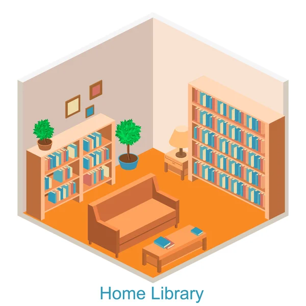 Isometrische interieur home bibliotheek — Stockvector