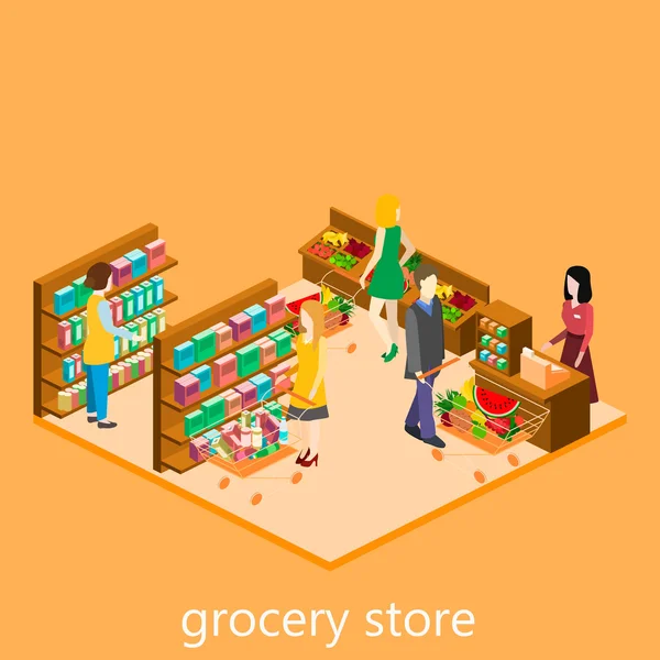 Interior isométrico de la tienda de comestibles — Vector de stock