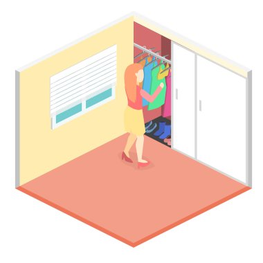 Girl chooses clothes in isometric room. clipart