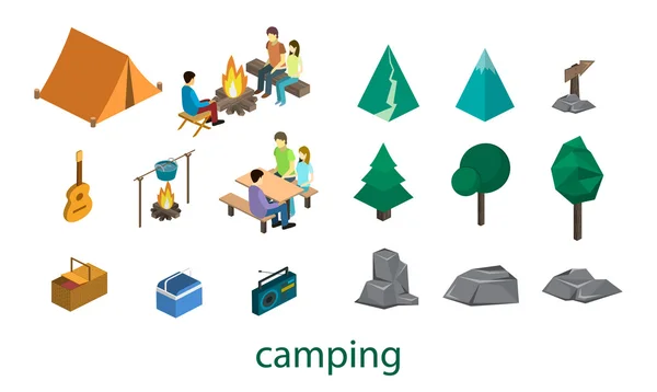 Isometrisk uppsättning objekt för camping. — Stock vektor