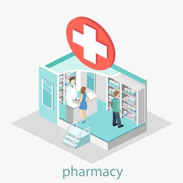 Interior isométrico de la farmacia — Vector de stock