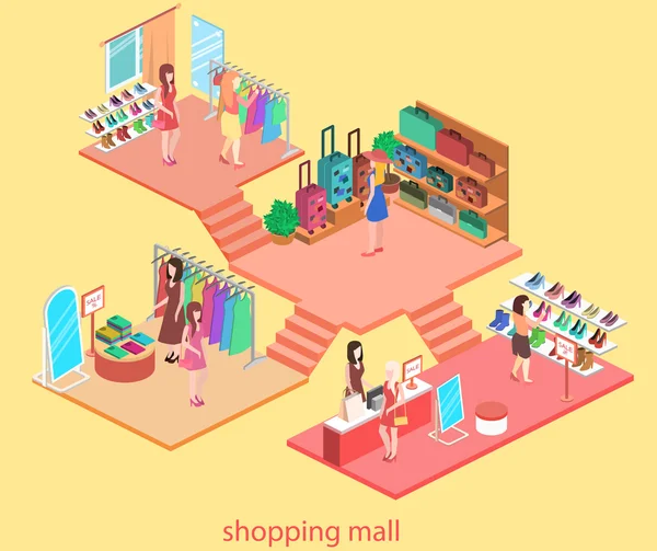 Isometrisches Innere eines Einkaufszentrums. — Stockvektor